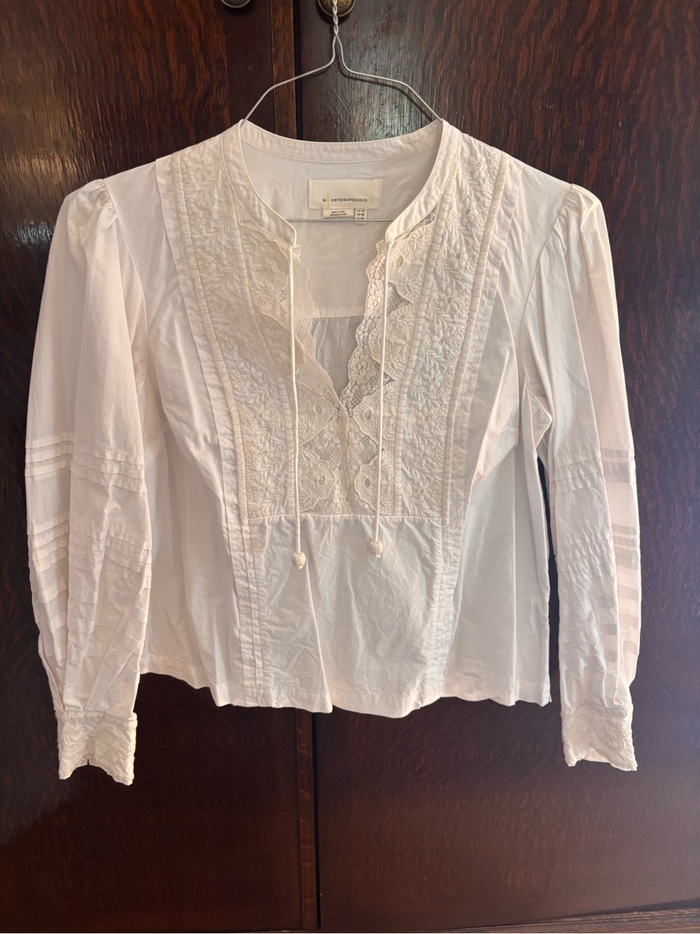 Anthropologie Cream Lace-Front Peasant Blouse